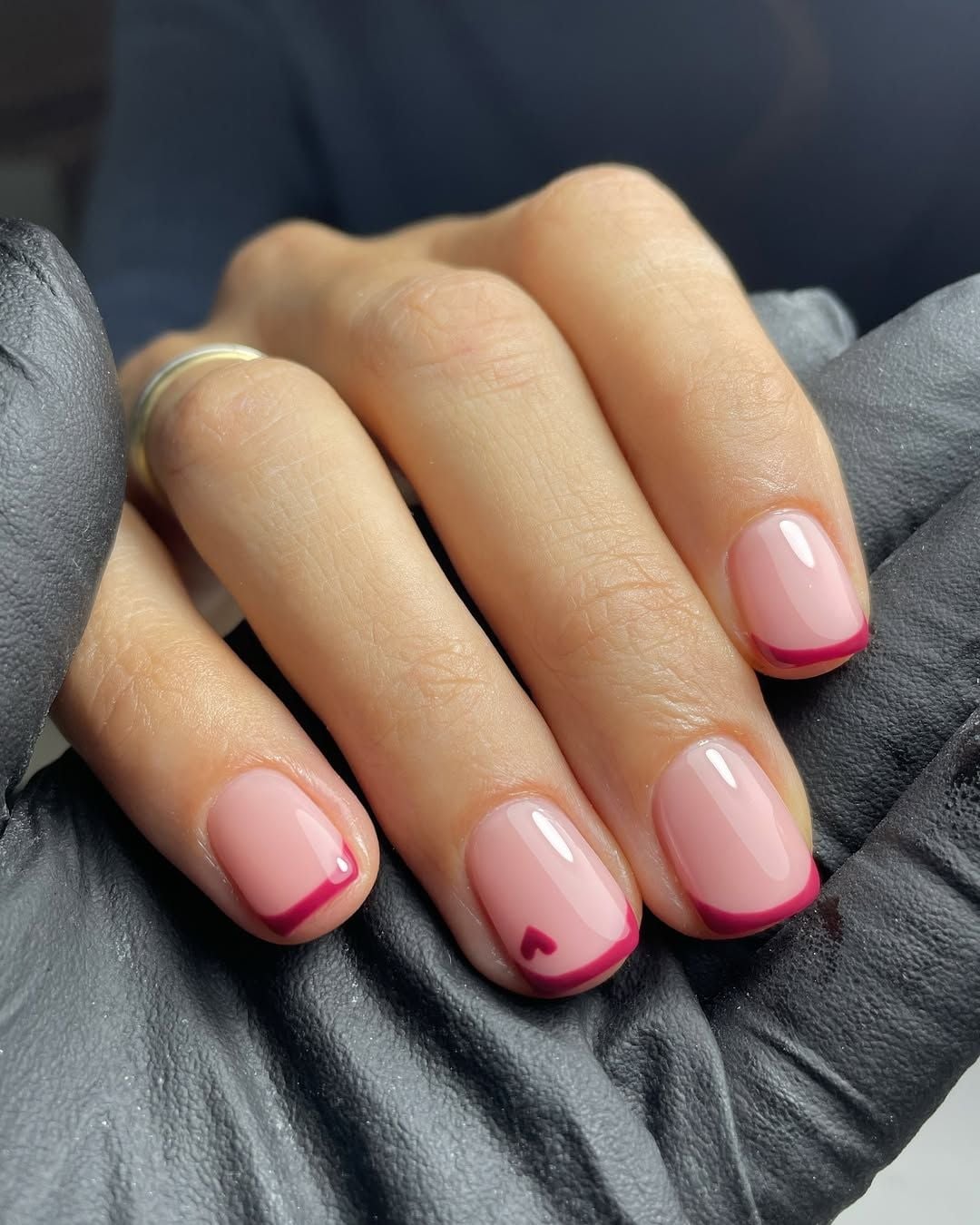 Short Square Sheer Pink With Deep Pink French Tips and Heart — Trendy Pink Nails