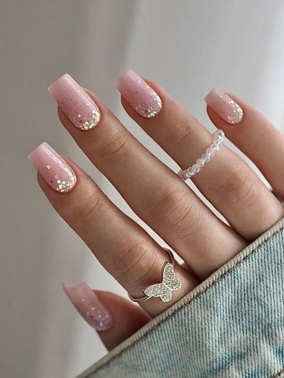 Pale Pink With Iridescent Glitter Tips Short Square Nails — Trendy Pink Nails