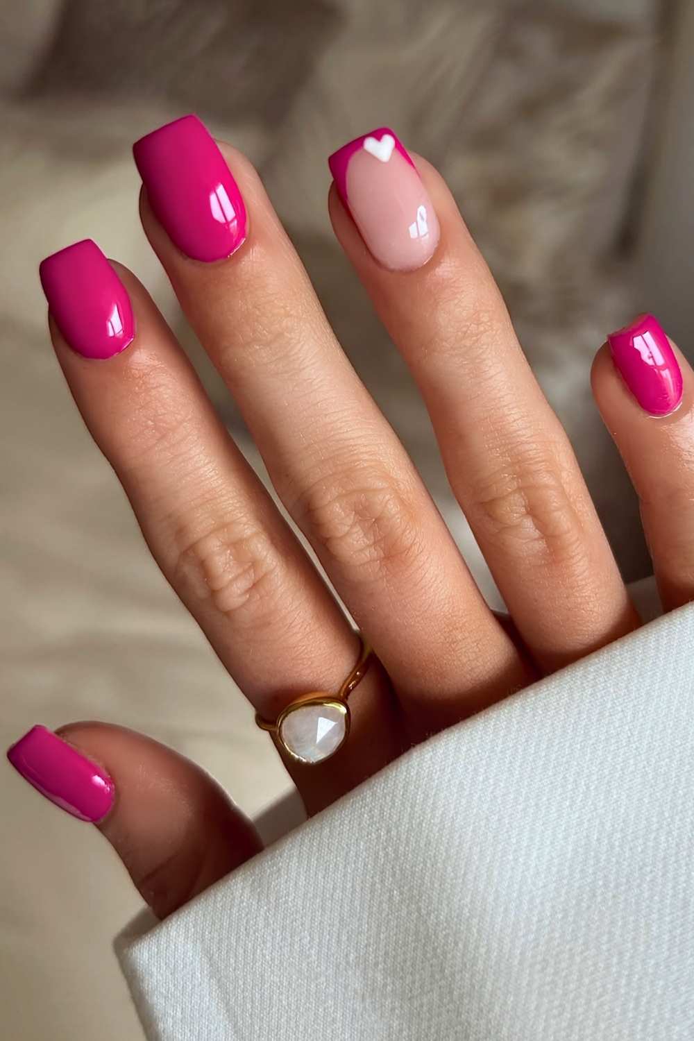 Hot Pink French Tips With White Heart Short Square Nails, Glossy — Trendy Pink Nails