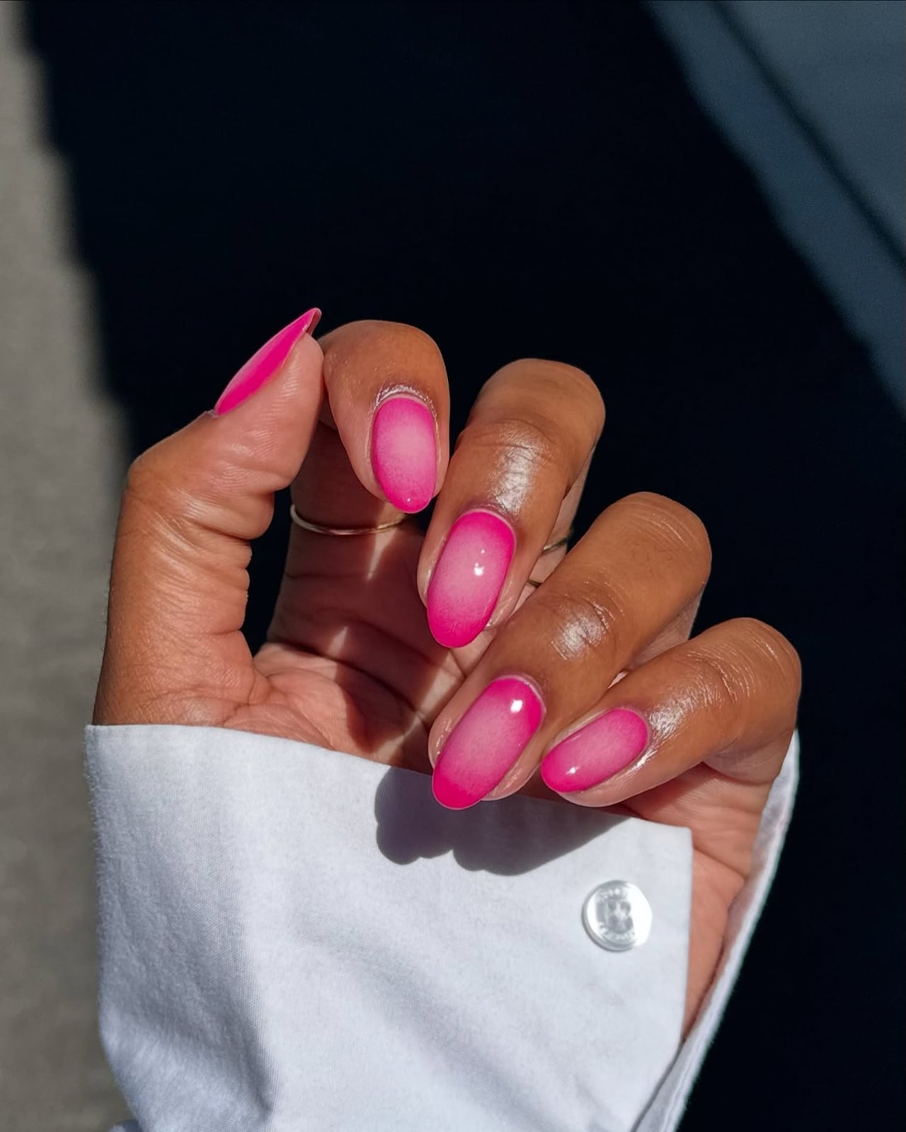 Bright Pink Aura Ombre Medium Almond Nails — Trendy Pink Nails