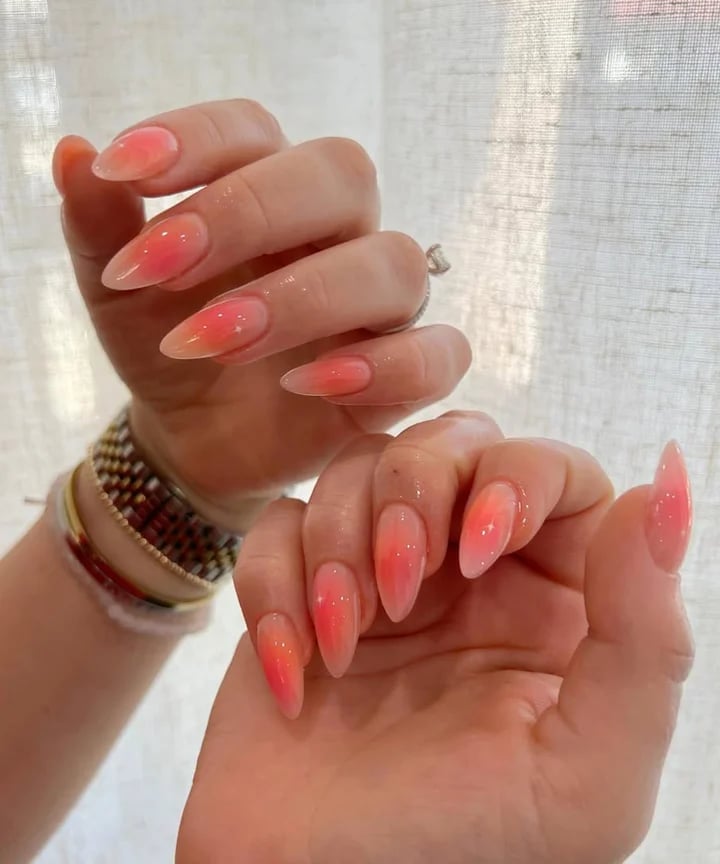 Pink To Orange Gradient Medium Almond Nails — Trendy Pink Nails
