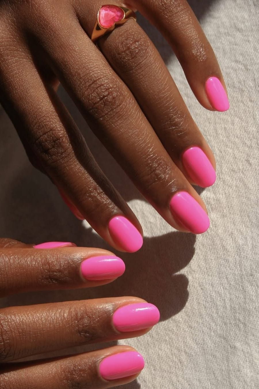 Bright Hot Pink Glossy Medium Oval Nails — Trendy Pink Nails