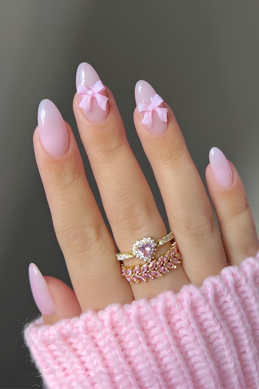 Milky Light Pink Oval Nails with 3D Bows — Trendy Pink Nails