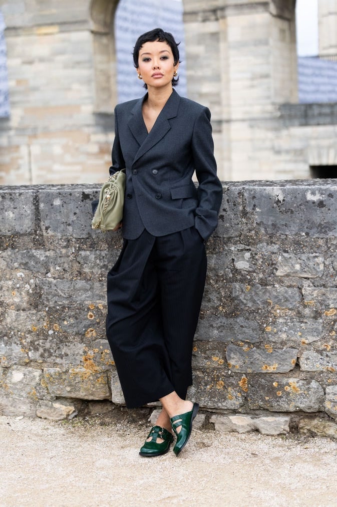 Charcoal Blazer with Cropped Pinstripe Trousers and Green Mules — Trendy Professional Outfits
