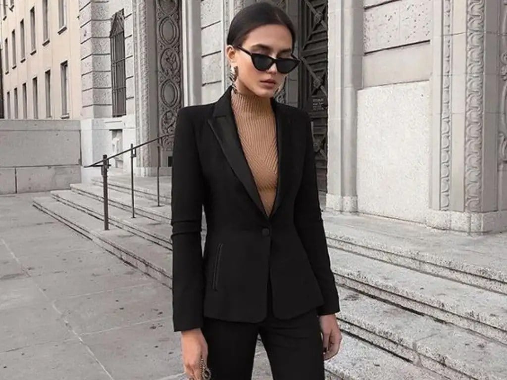 Fitted Black Tuxedo Blazer with Tan Turtleneck — Trendy Professional Outfits