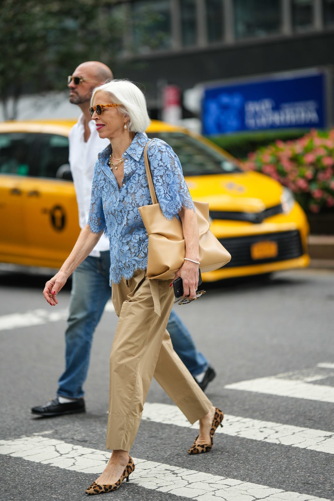 Blue Lace Top with Beige Trousers and Leopard Flats — Trendy Professional Outfits