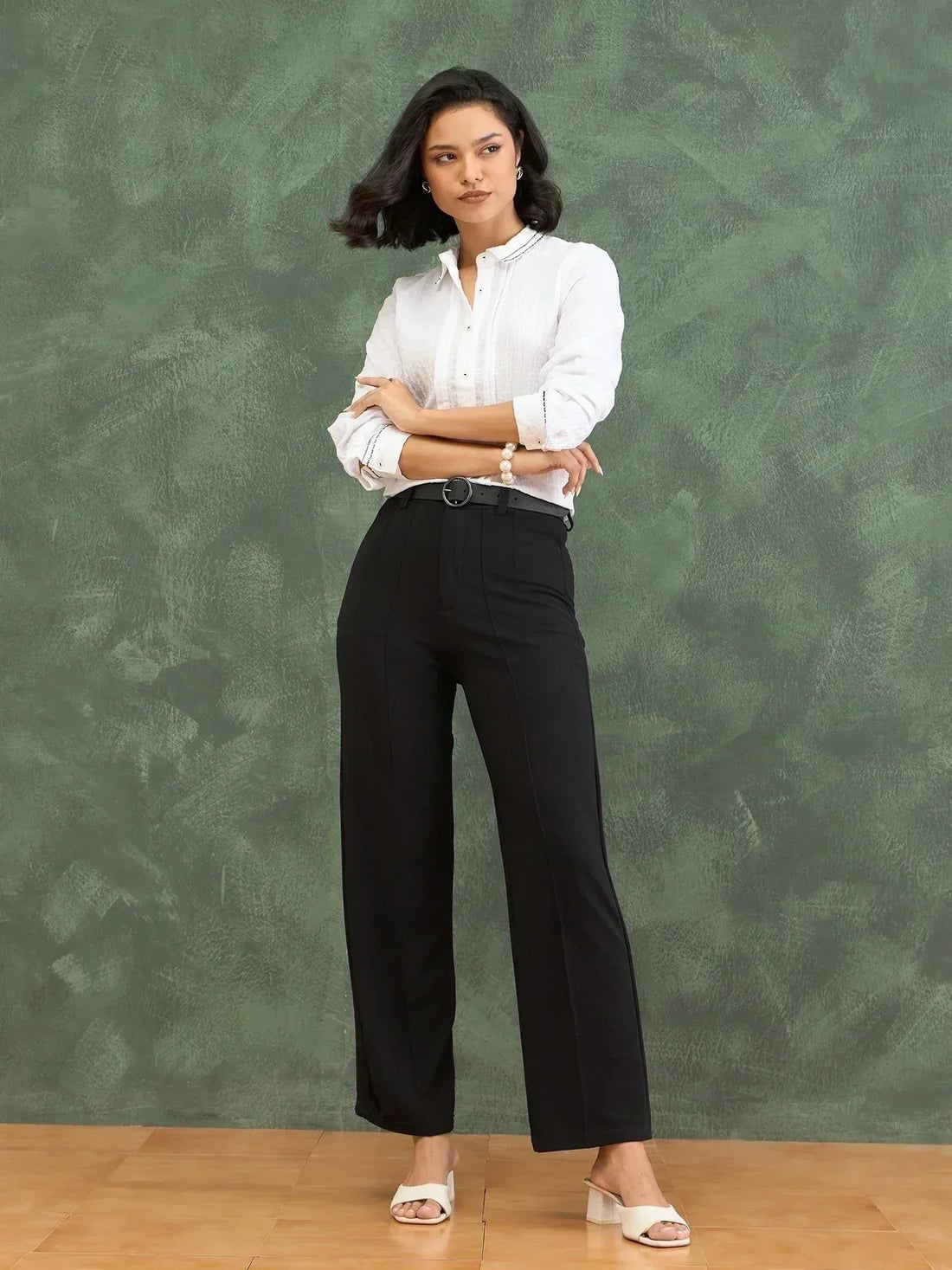 White Collared Shirt with Black Wide-Leg Trousers and Heeled Sandals — Trendy Professional Outfits