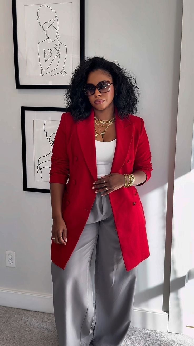 Red Double-Breasted Blazer Over Grey Wide-Leg Trousers — Trendy Professional Outfits
