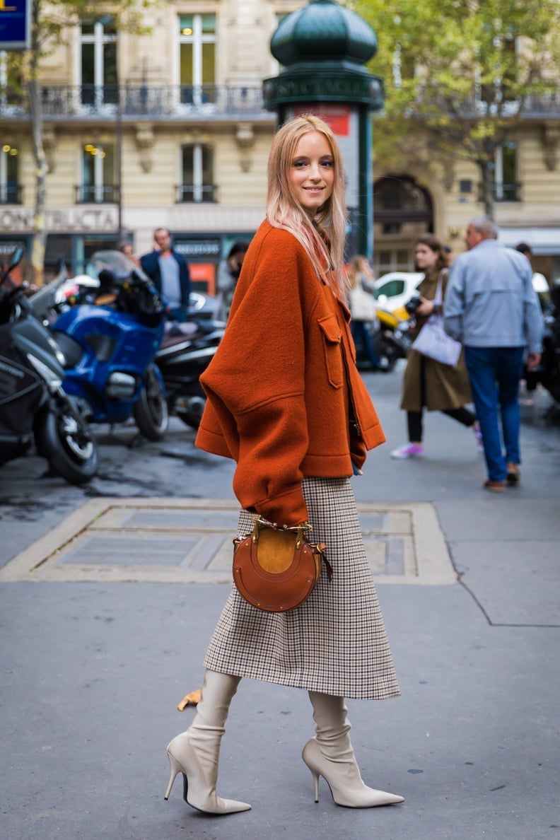 Textured Orange Jacket Paired with Plaid Midi Skirt — Trendy Professional Outfits