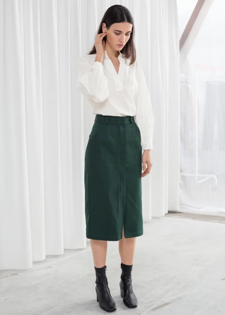 White V-neck Blouse with Dark Green Midi Skirt — Trendy Professional Outfits