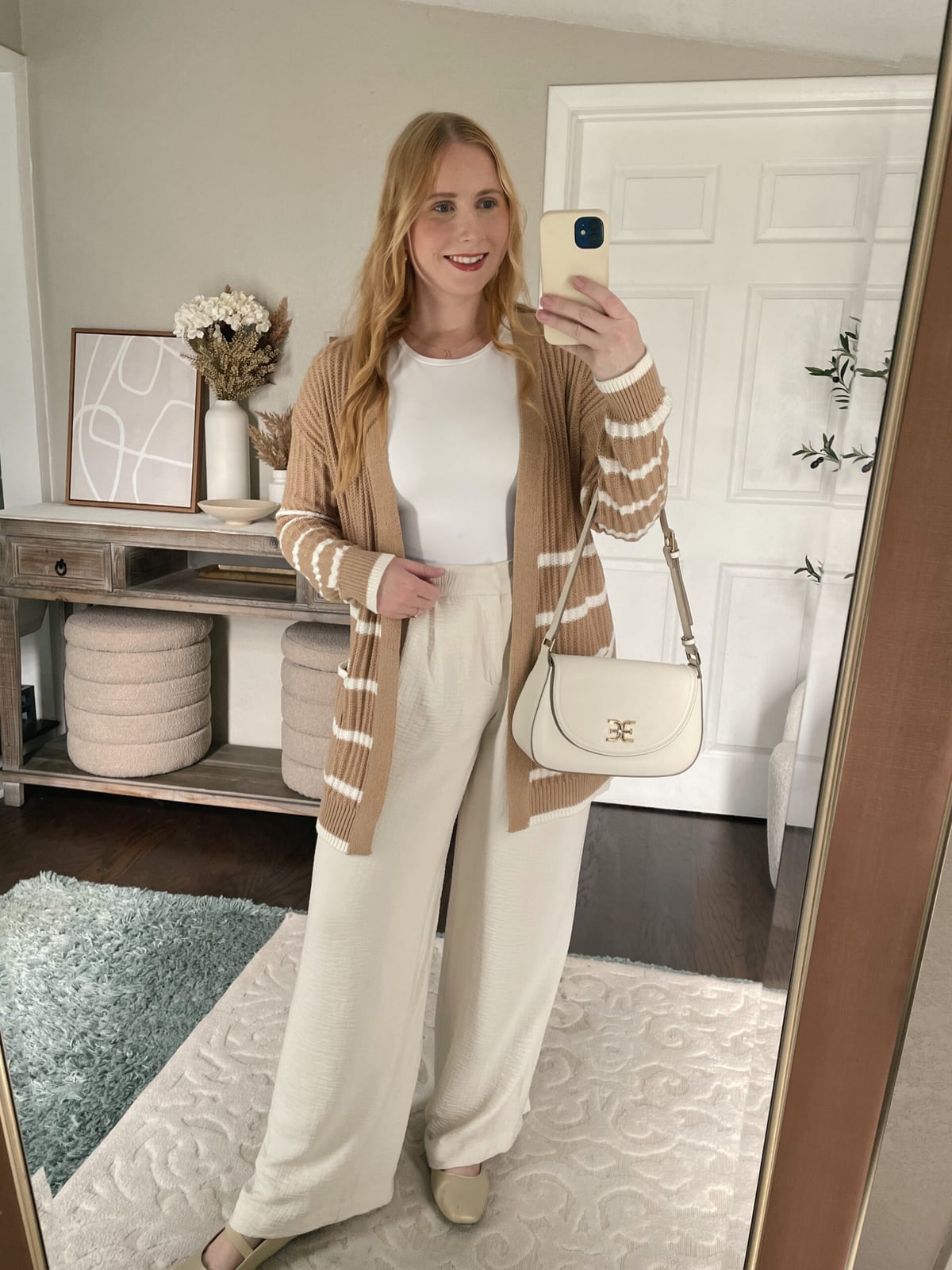 Striped Cardigan with Cream Wide-Leg Trousers — Trendy Professional Outfits