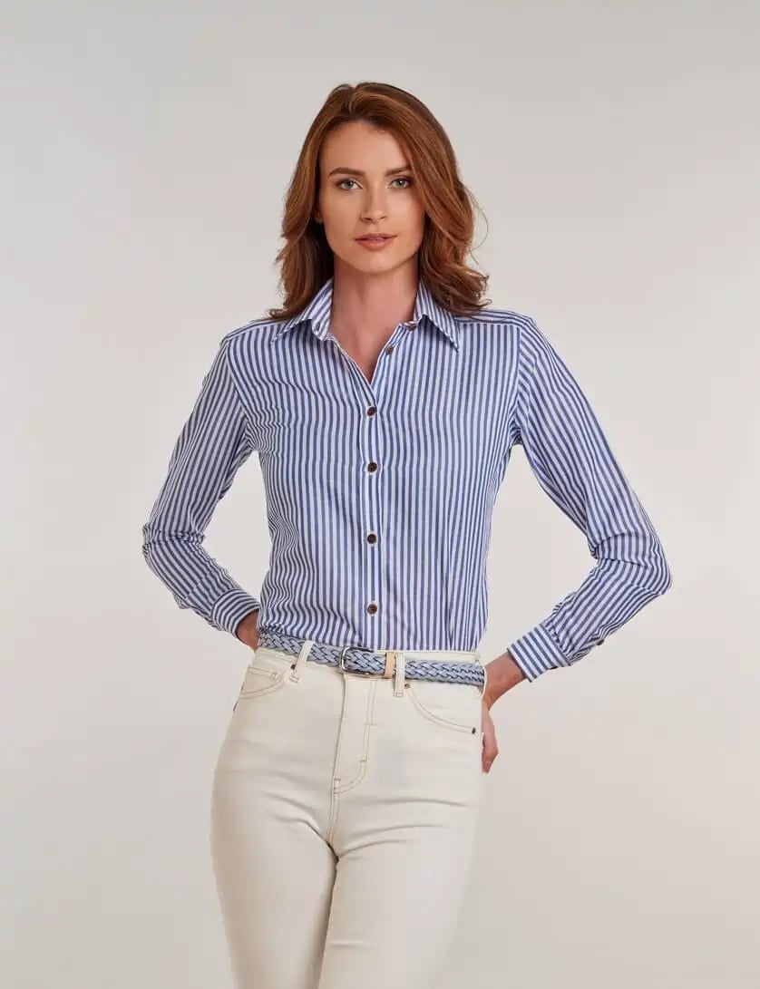 Fitted Striped Shirt with Beige Trousers and Woven Belt — Trendy Professional Outfits