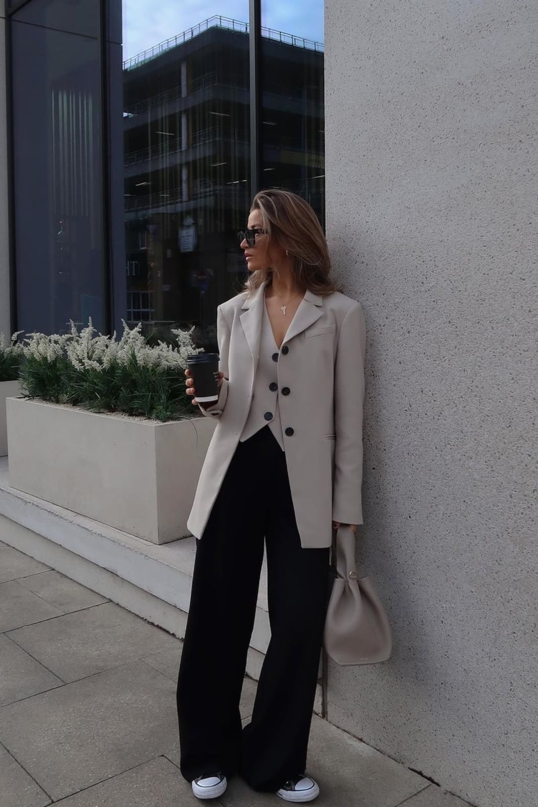 Beige Blazer Vest and Trousers with White Sneakers — Trendy Professional Outfits