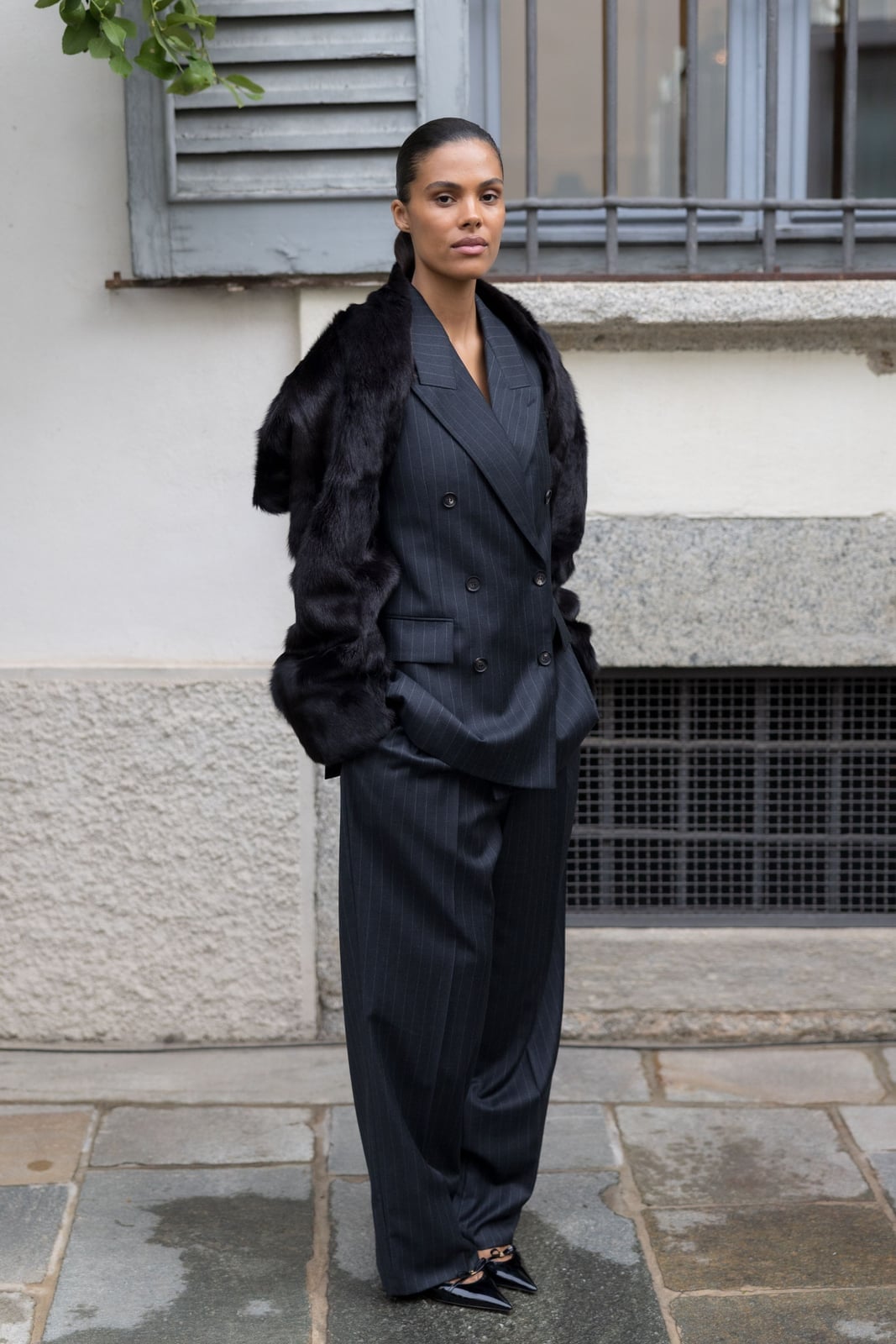 Pinstripe Suit with Dramatic Faux Fur Stole — Trendy Professional Outfits