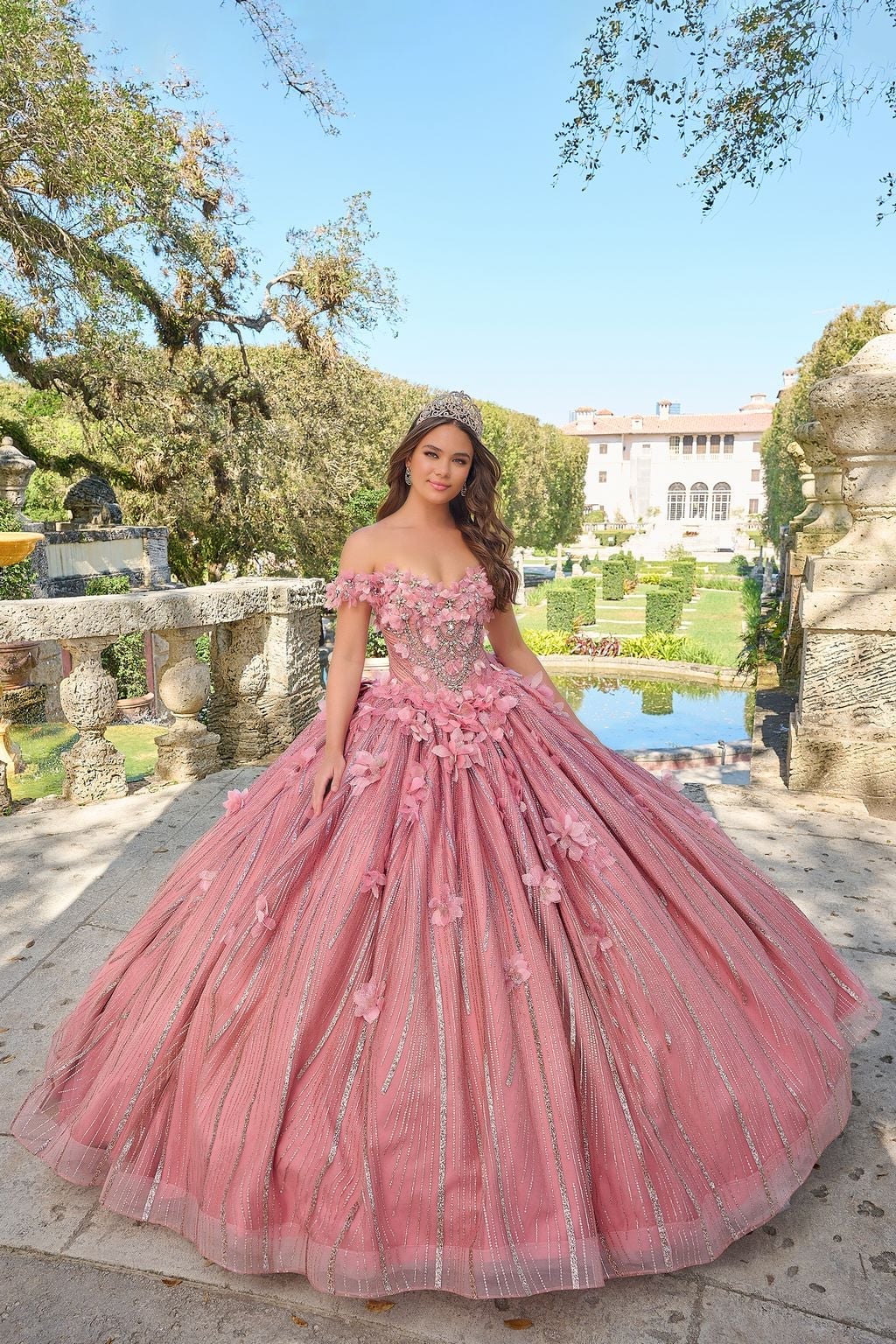 Pink Off-the-Shoulder Ballgown with Floral Appliques, Close-Up Take — Trendy Quince Dress