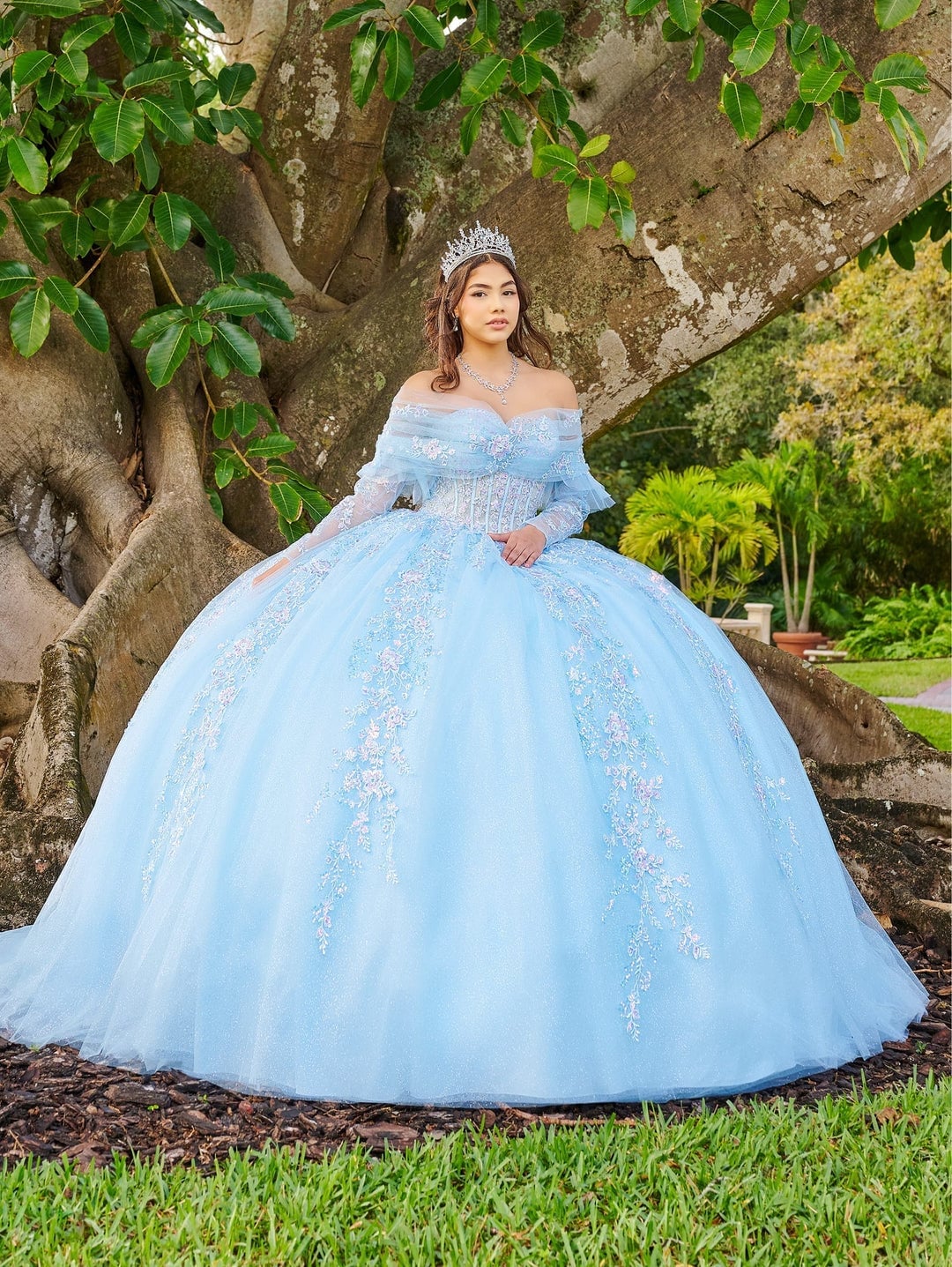 Light Blue Ballgown with Off-the-Shoulder Sleeves, Close-Up Take — Trendy Quince Dress