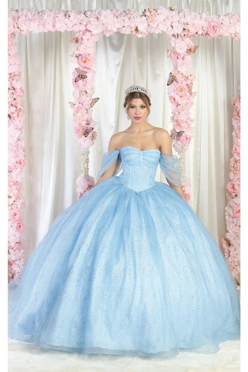 Light Blue Ballgown with Glitter Tulle and Sheer Sleeves — Trendy Quince Dress