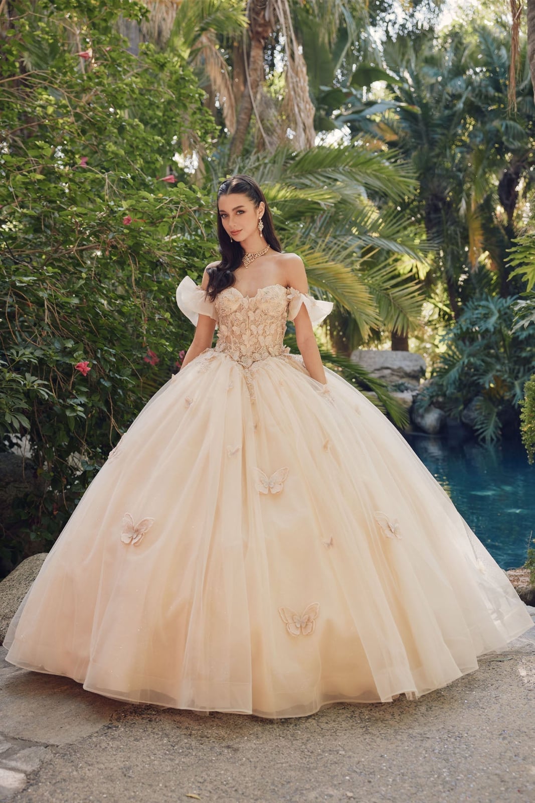 Champagne Ballgown with Butterfly Appliques and Off-the-Shoulder — Trendy Quince Dress
