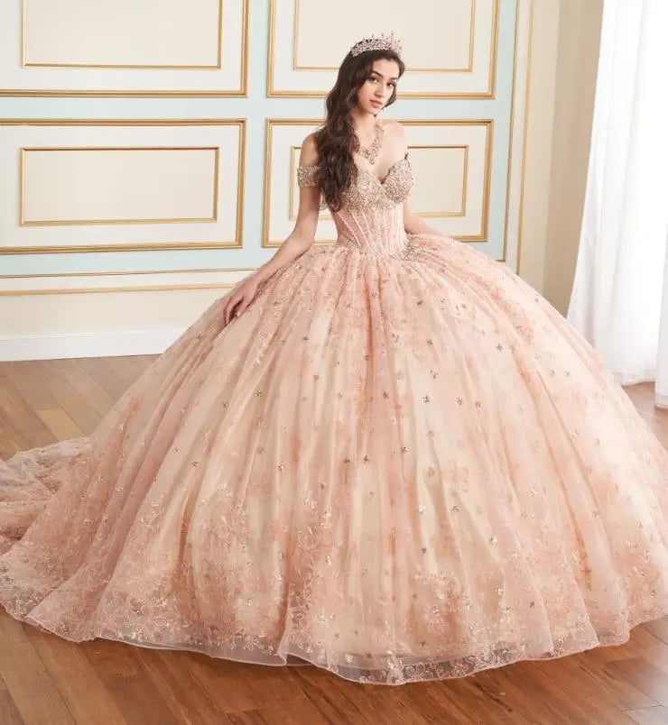 Pale Pink and Gold Off-the-Shoulder Ballgown with Embellished Bodice — Trendy Quince Dress