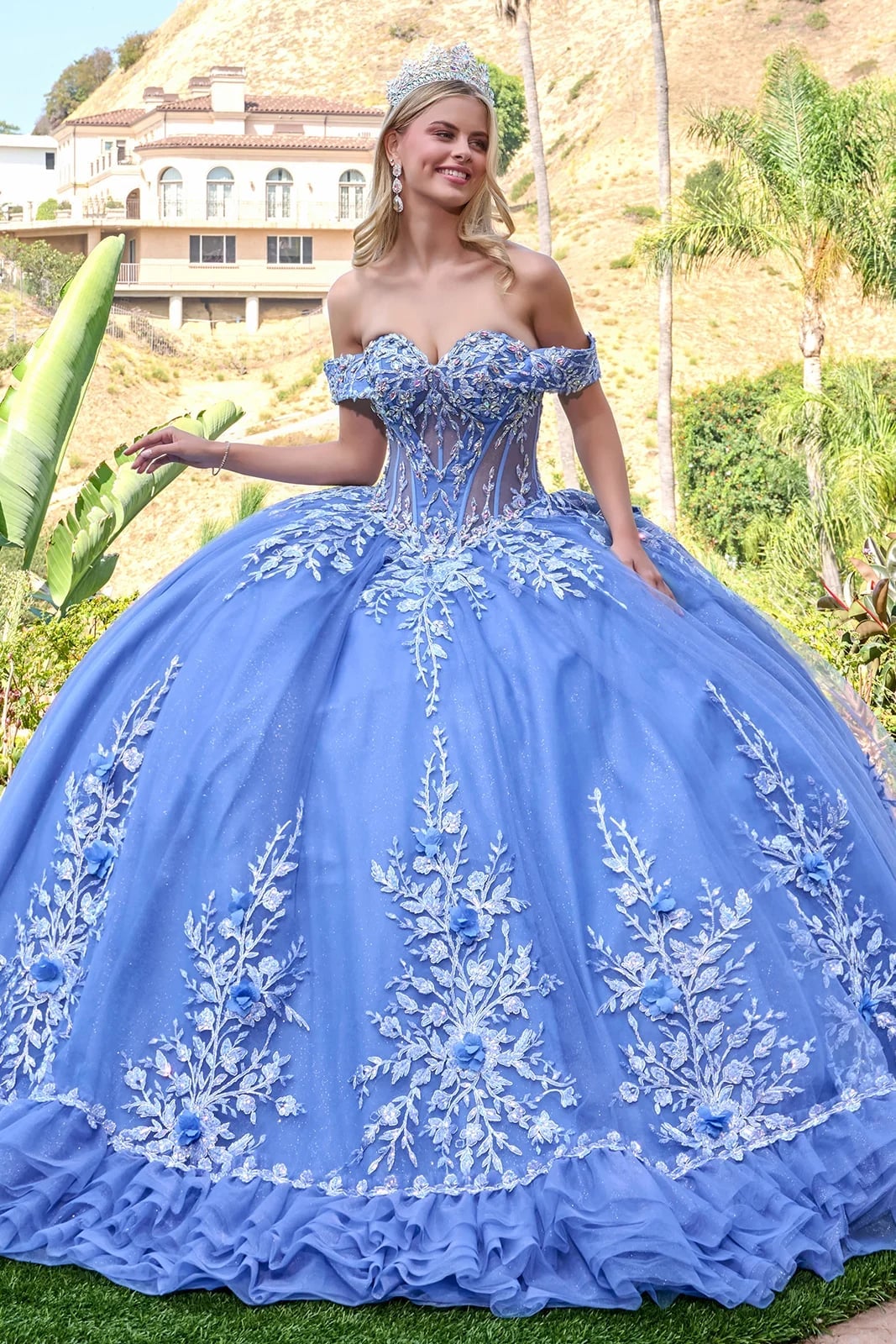 Periwinkle Blue Ballgown with Floral Appliques and Voluminous Skirt — Trendy Quince Dress