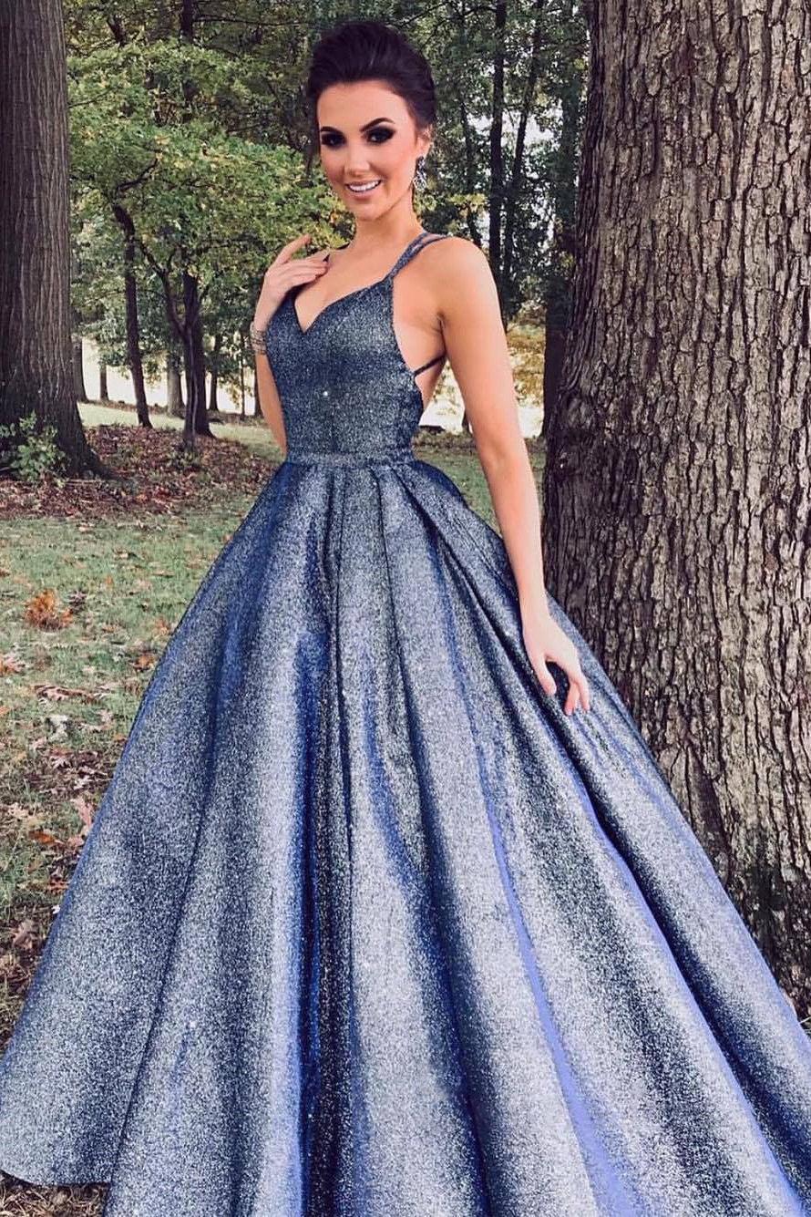 Shimmering Blue Ballgown with Glitter Fabric and A-line Silhouette — Trendy Quince Dress