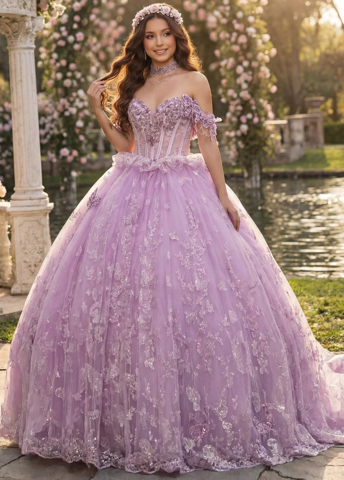 Lavender Ballgown with Floral Appliques and Glitter — Trendy Quince Dress