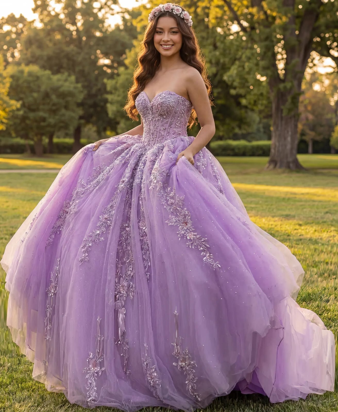 Strapless Lavender Ballgown with Glitter and Floral Details — Trendy Quince Dress