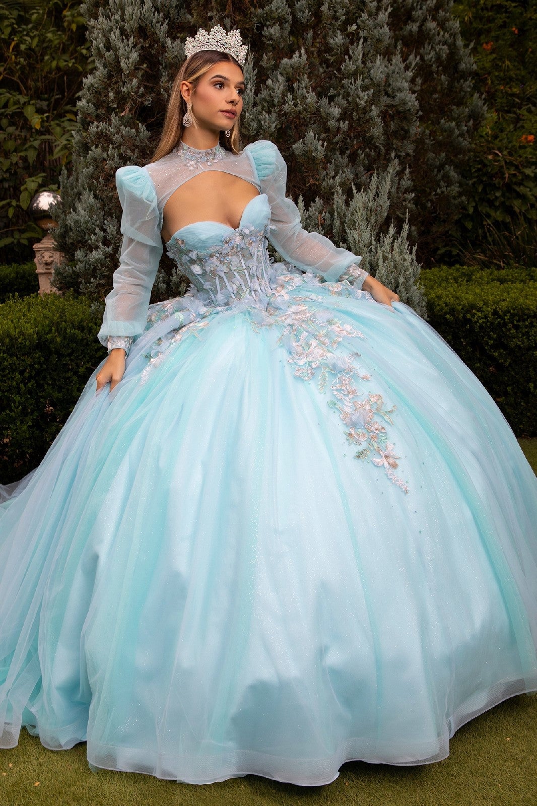 Light Blue Ballgown with Sheer Overlay and Floral Embroidery — Trendy Quince Dress