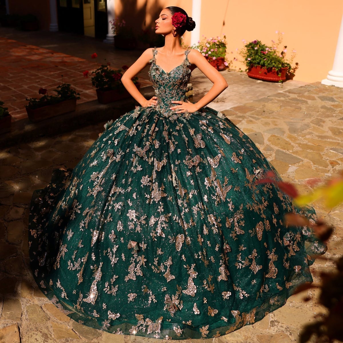 Emerald Green Ballgown with Butterfly and Floral Embroidery — Trendy Quince Dress