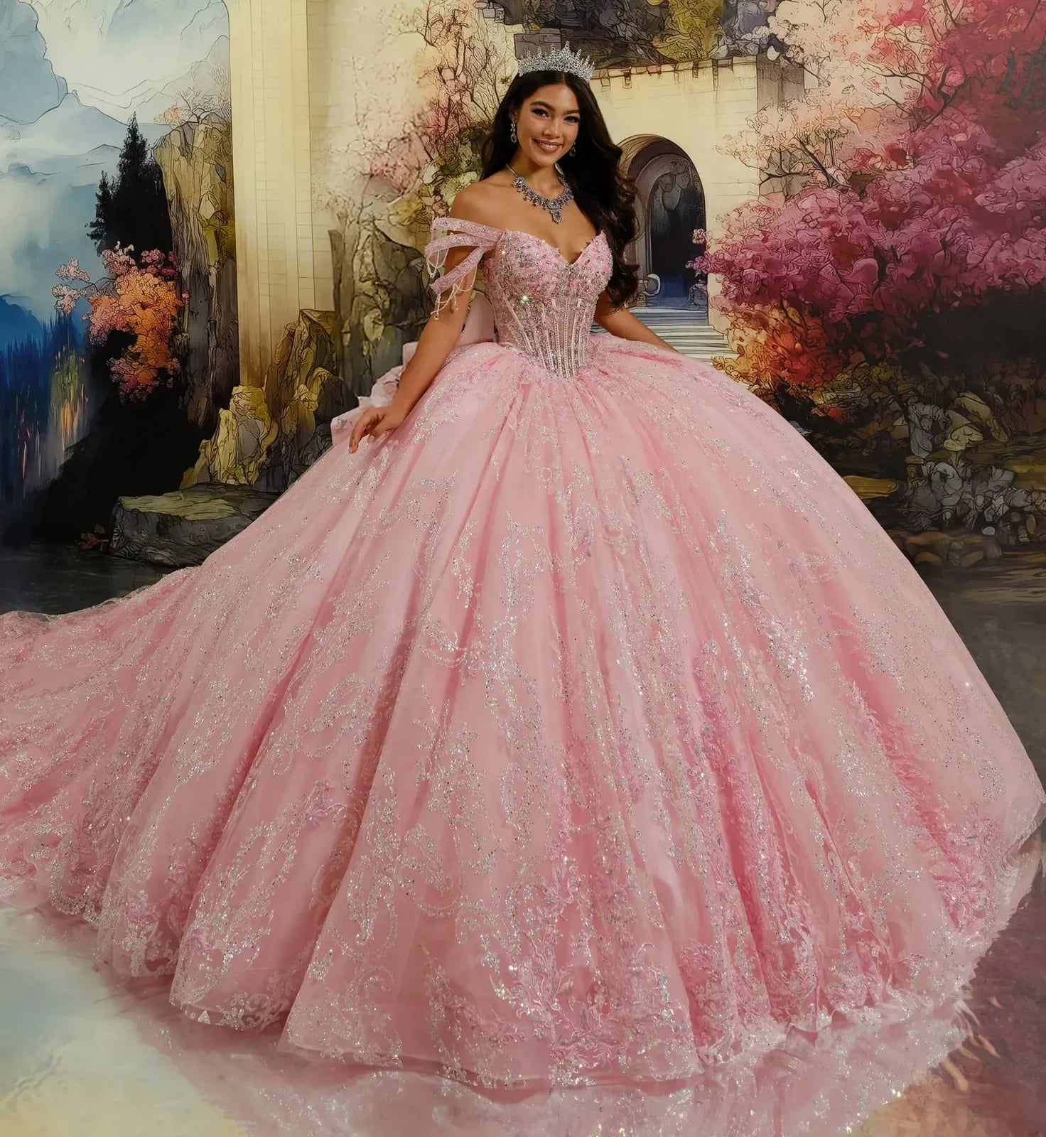 Pink Ballgown with Glitter Embellishments and Off-the-Shoulder — Trendy Quince Dress