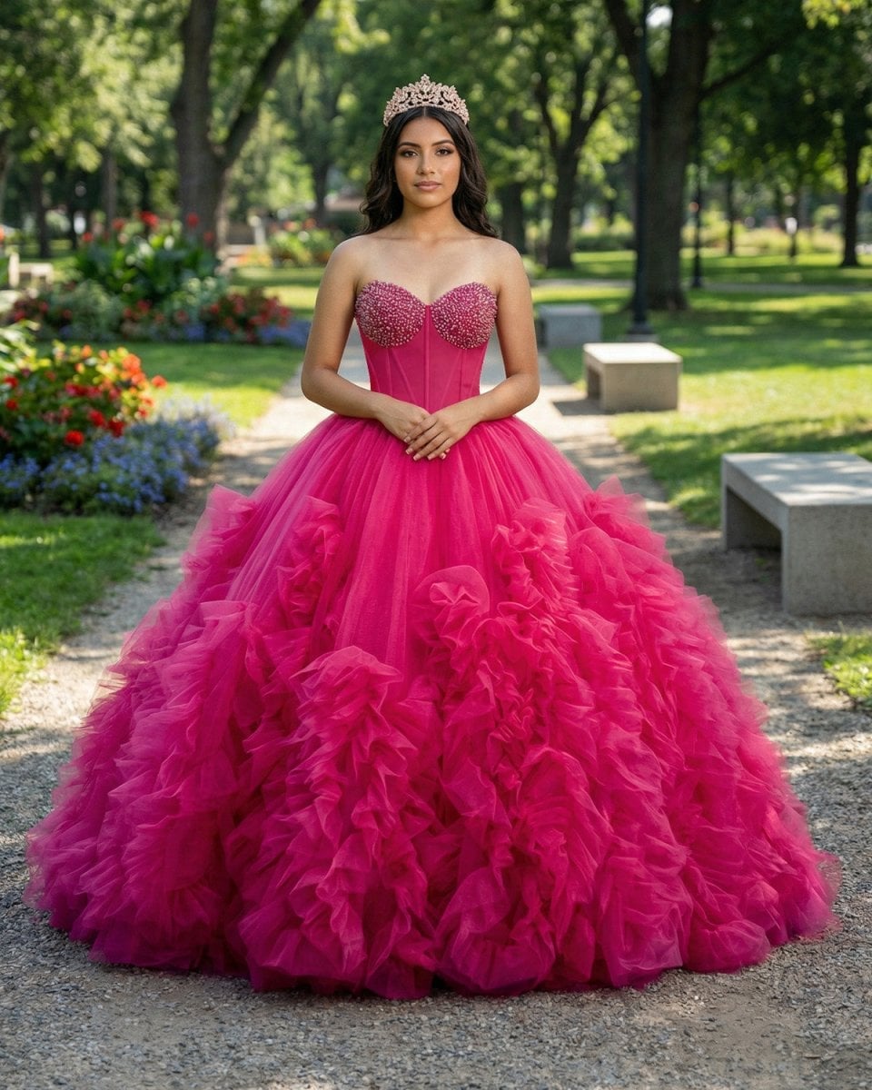 Hot Pink Ballgown with Strapless Sweetheart Bodice and Ruffled Skirt — Trendy Quince Dress