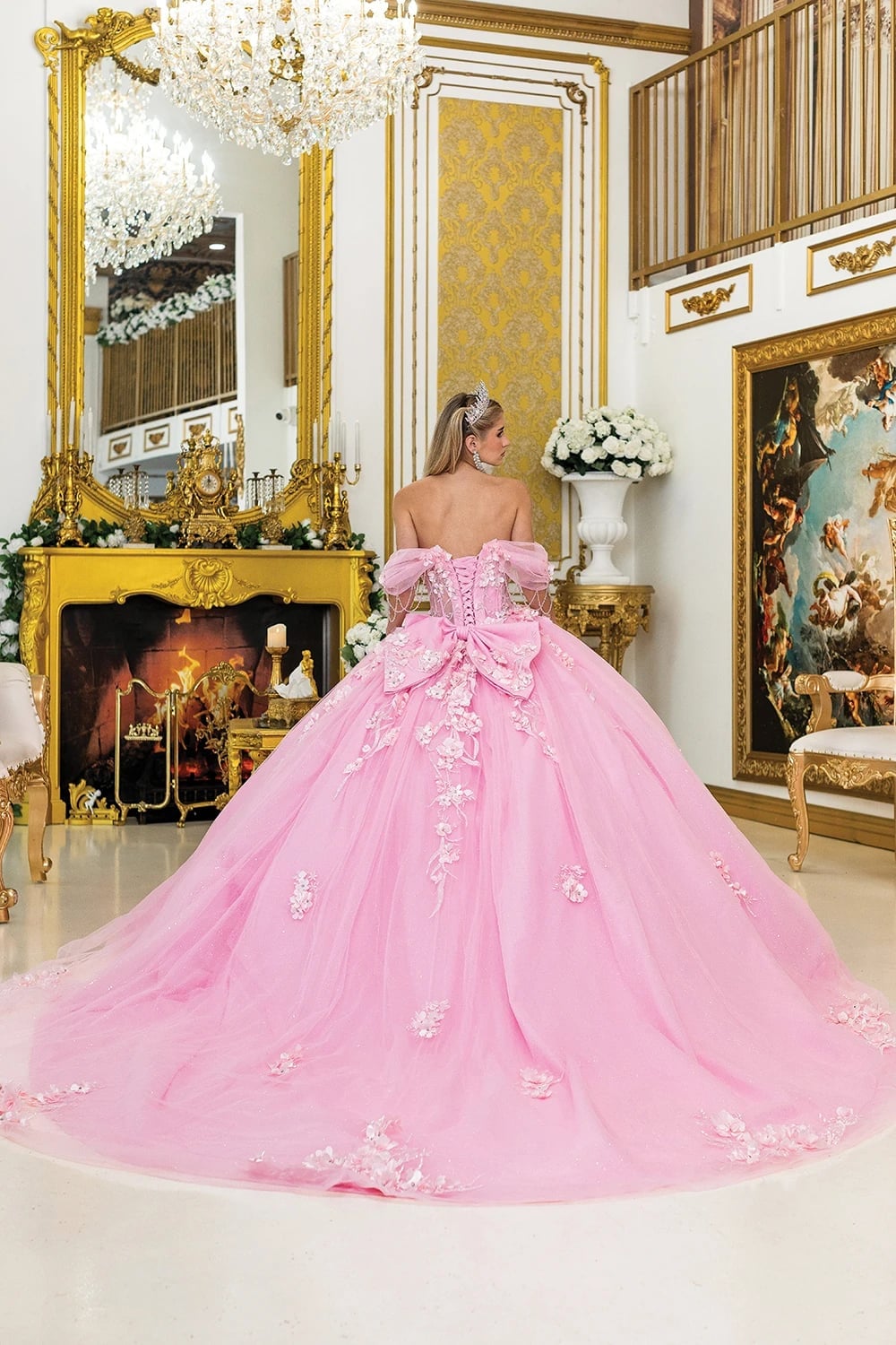 Pink Tulle Ballgown with Back Bow and Floral Appliques — Trendy Quince Dress