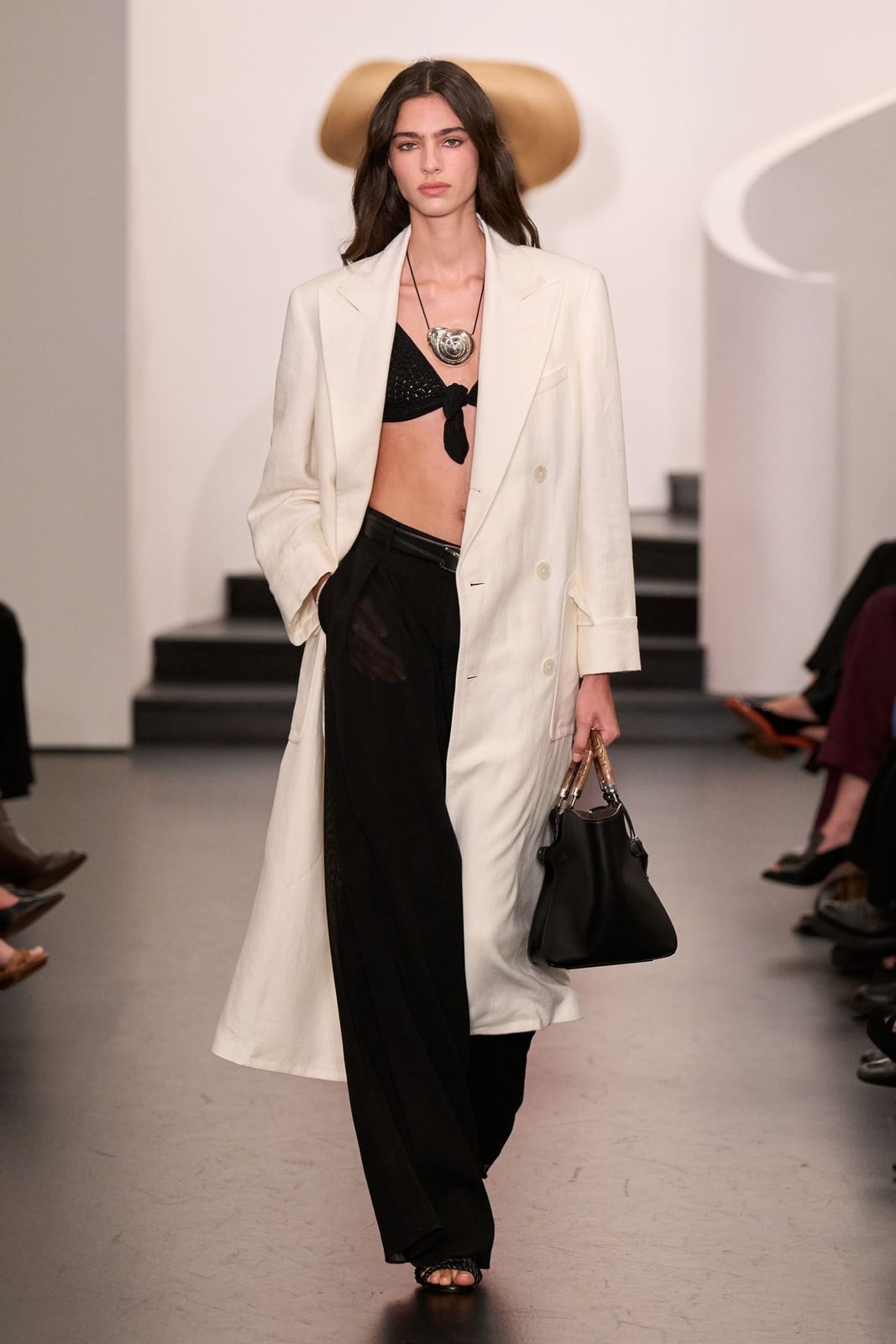 Long White Linen Coat Over Bralette — Trendy Ralph Lauren Outfits