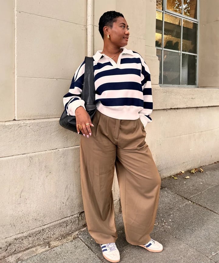 Striped Knit Polo with Tan Wide-Leg Trousers, Navy — Trendy Ralph Lauren Outfits