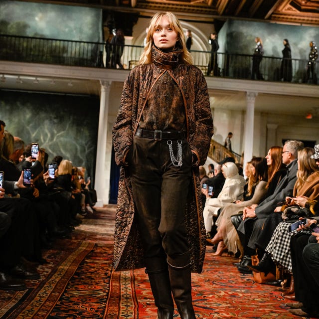 Brown Quilted Long Coat Over Wide-Leg Trousers — Trendy Ralph Lauren Outfits