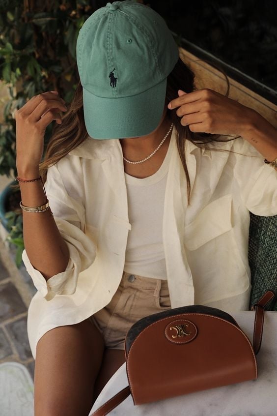 Cream Linen Shirt with Green Baseball Cap — Trendy Ralph Lauren Outfits