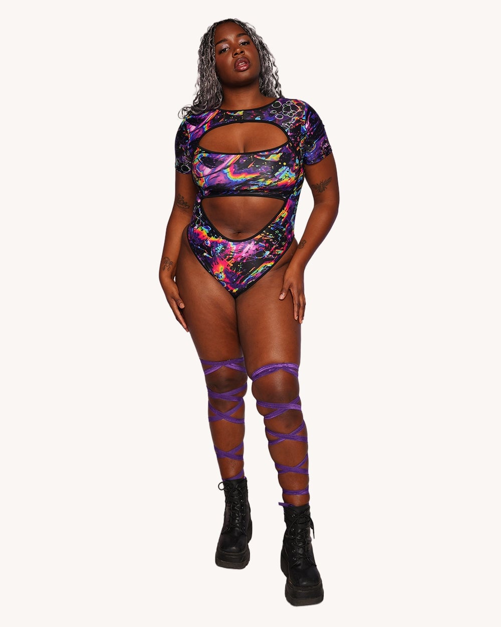 Psychedelic Print Cut-Out Bodysuit with Leg Wraps — Trendy Rave Outfits