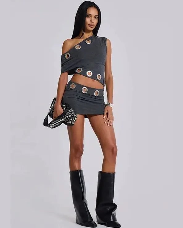 Grey One-Shoulder Crop Top and Mini Skirt — Trendy Rave Outfits