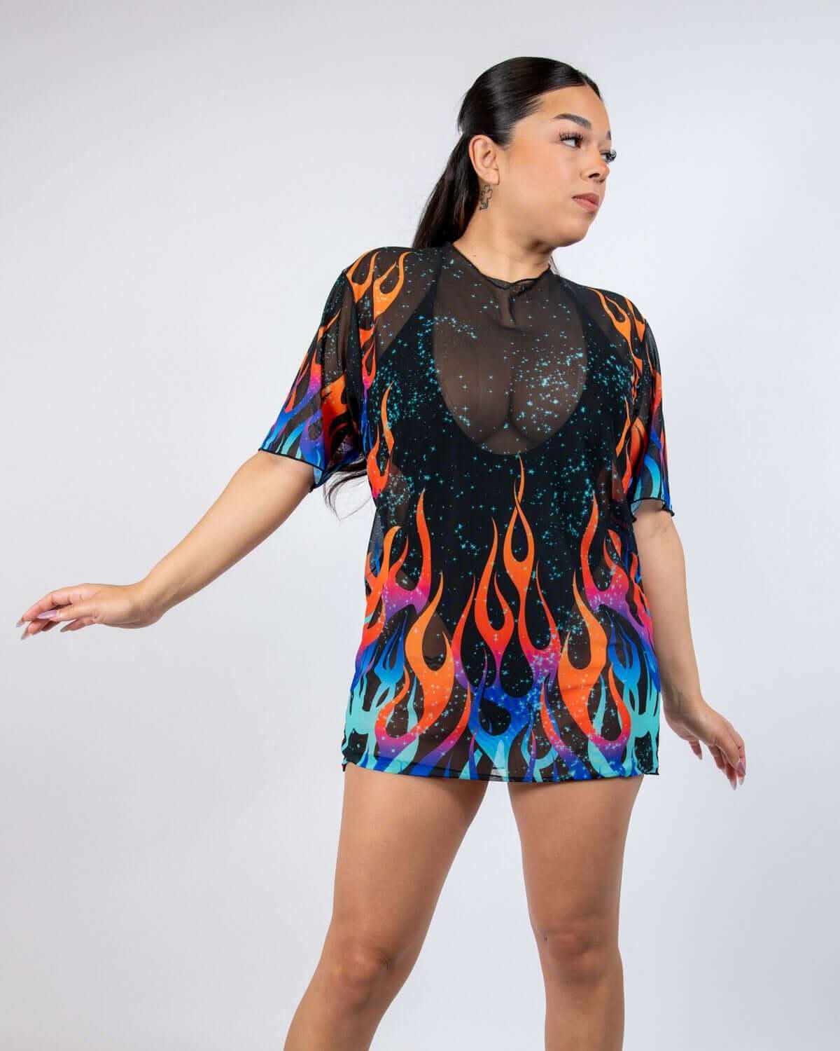 Flame Print Mesh Top Over Black Bra — Trendy Rave Outfits
