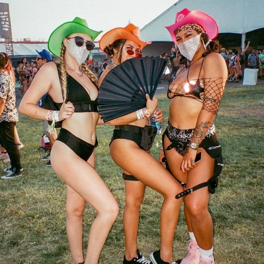 Black Bikini Tops with High-Waisted Bottoms and Cowboy Hats — Trendy Rave Outfits