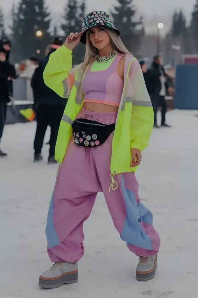 Pink Crop Top with Neon Yellow Windbreaker and Baggy Pants — Trendy Rave Outfits