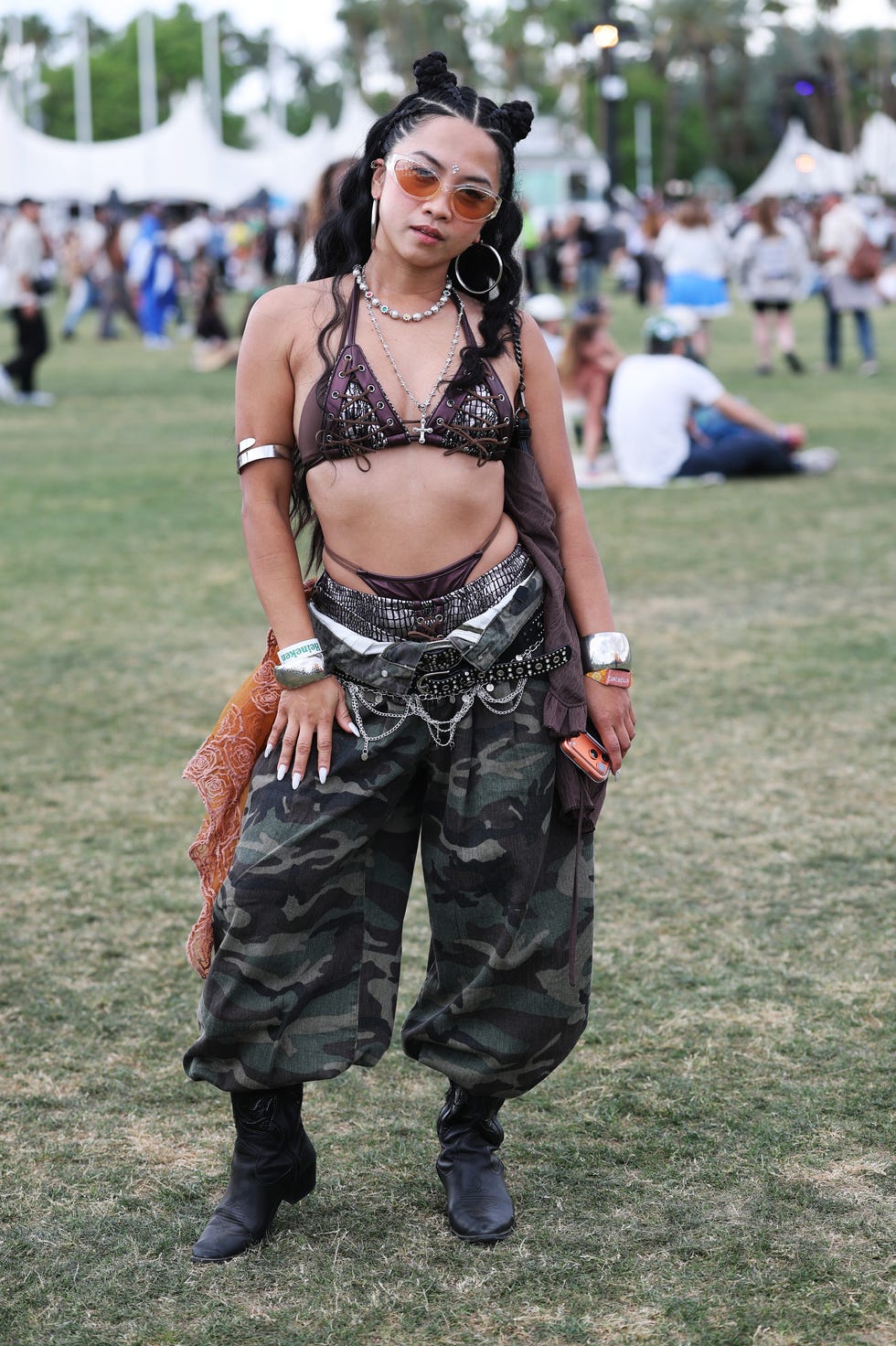 Studded Bikini Top with Camouflage Cargo Pants — Trendy Rave Outfits
