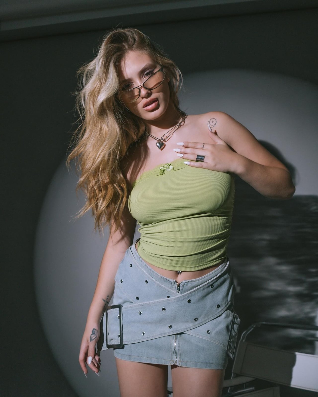 Ribbed Tube Top with Mesh Overlay and Denim Wrap Skirt — Trendy Rave Outfits