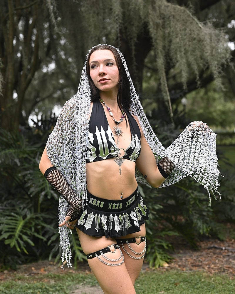 Black and Silver Halter Top with Flared Mini Skirt, Mesh — Trendy Rave Outfits
