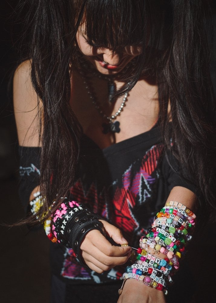 Graphic T-Shirt with Arm Warmers and Kandi Bracelets — Trendy Rave Outfits