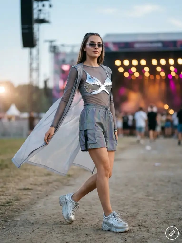 Metallic Bra Top Over Mesh Shirt with Cargo Shorts — Trendy Rave Outfits