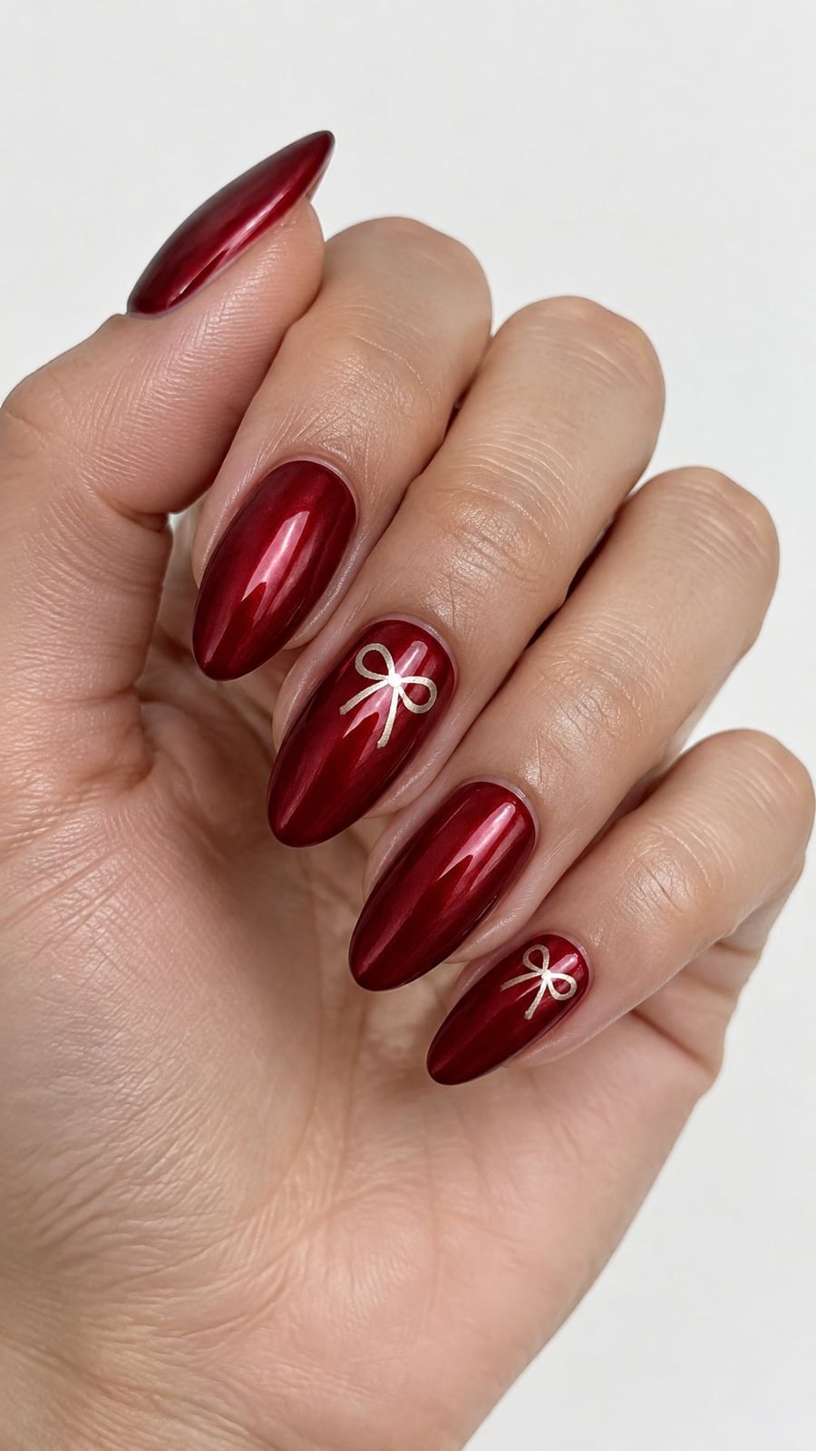 Deep Red Chrome Bow Medium Almond Nails Deep Red Chrome Bow Medium Almond Nails — Trendy Red Almond Nails