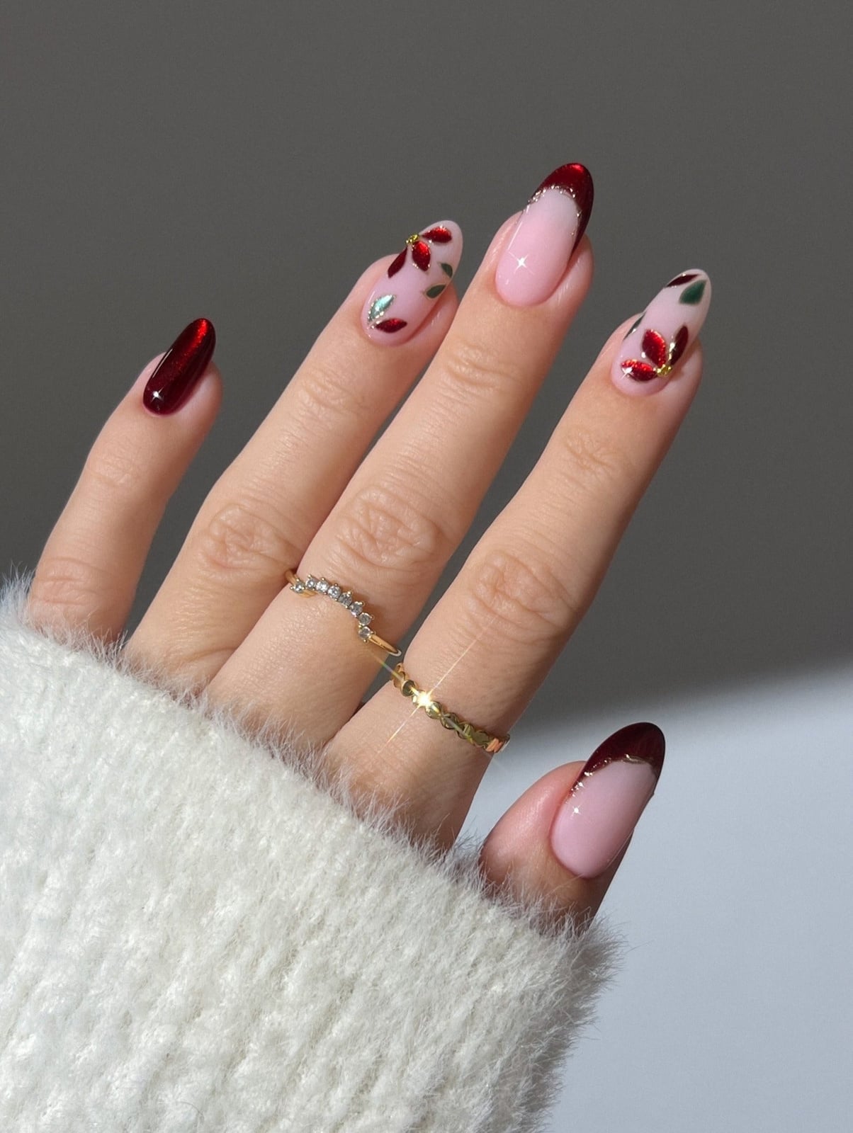 Deep Red Floral French Long Almond Nails, Glossy Deep Red Floral French Long Almond Nails, Glossy — Trendy Red Almond Nails