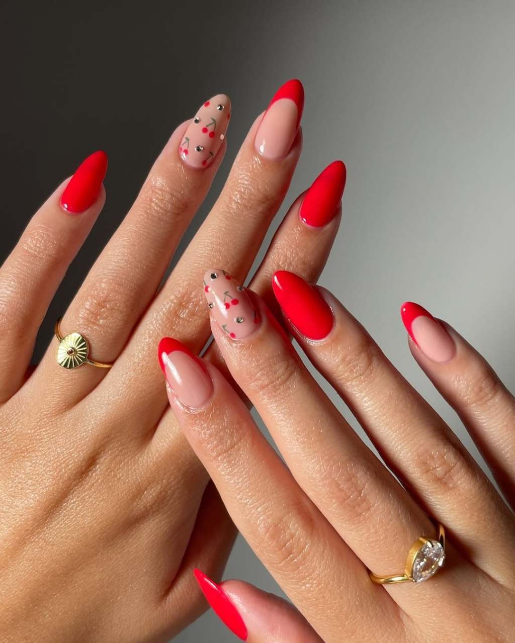 Bright Red Cherry French Medium Almond Nails Bright Red Cherry French Medium Almond Nails — Trendy Red Almond Nails