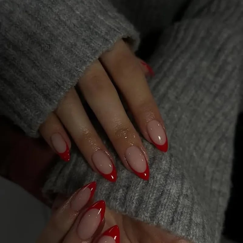 Bright Red French Tip Medium Almond Nails, Glossy Bright Red French Tip Medium Almond Nails, Glossy — Trendy Red Almond Nails